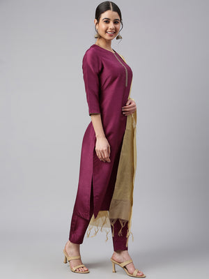 Janasya Women's Wine Poly Silk Embellished Kurta With Pant And Dupatta - Distacart