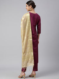 Thumbnail for Janasya Women's Wine Poly Silk Embellished Kurta With Pant And Dupatta - Distacart