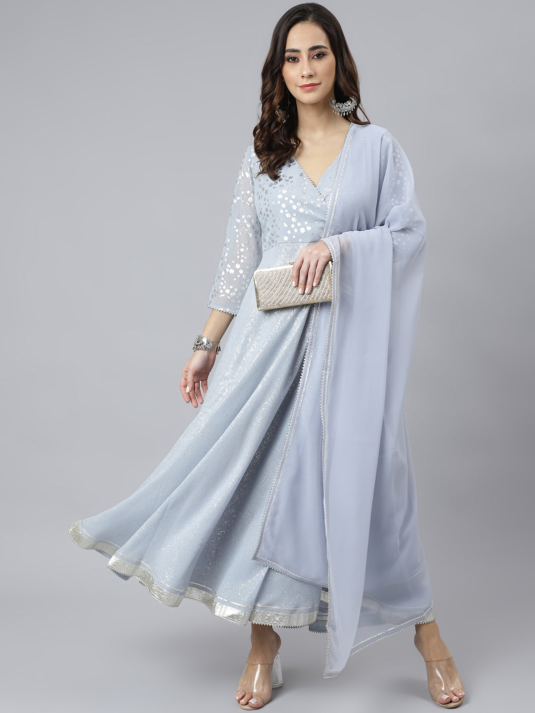 Janasya Women's Grey Georgette Foil Print Kurta With Dupatta - Distacart