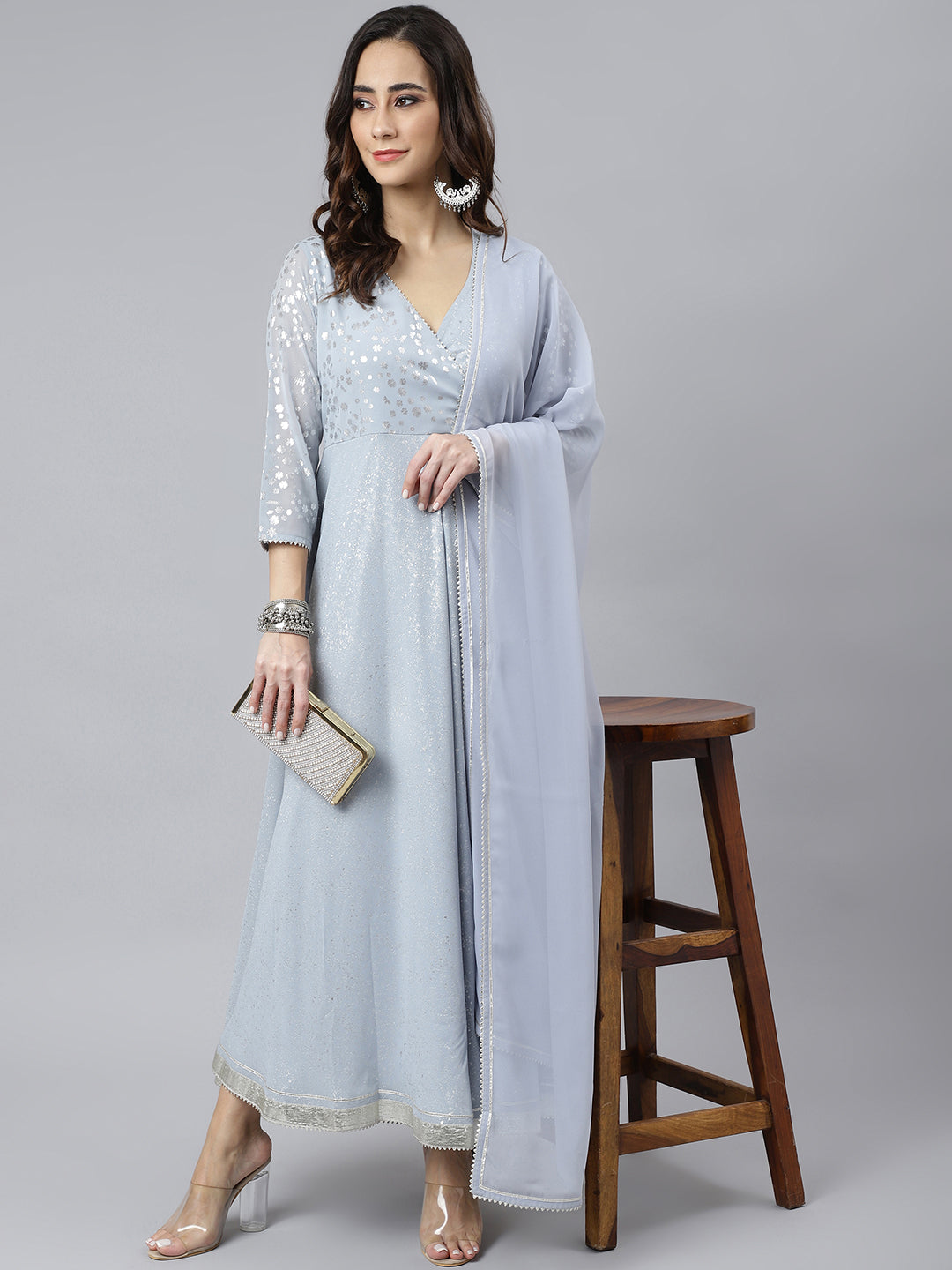 Janasya Women's Grey Georgette Foil Print Kurta With Dupatta - Distacart