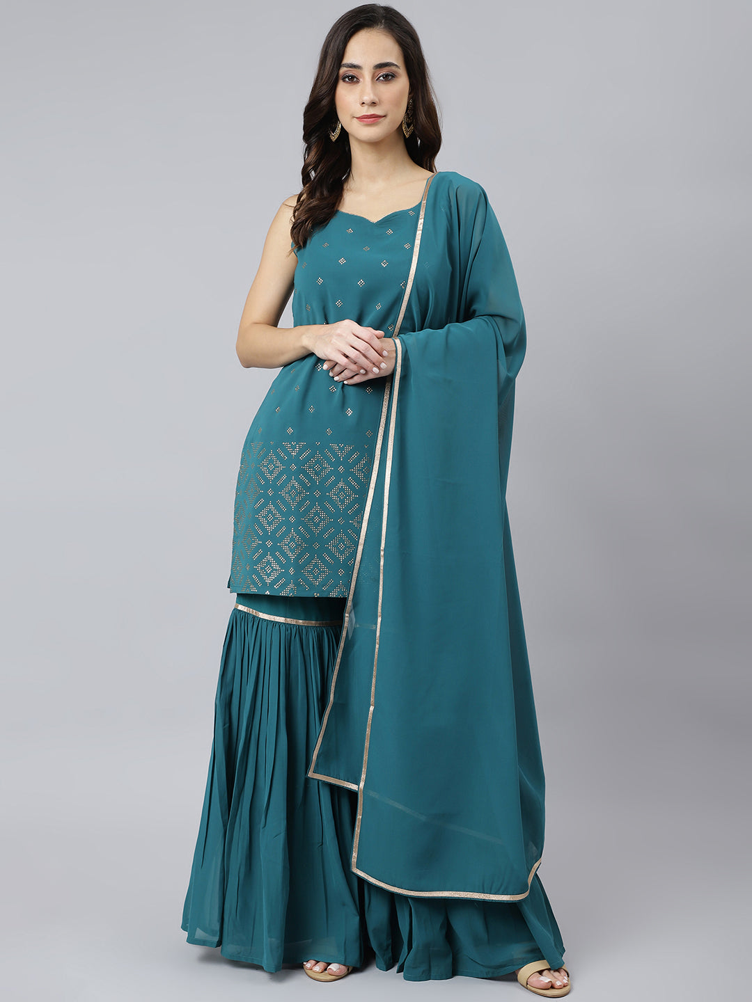 Janasya Women's Teal Georgette Embossed Gold Print Top With Gharara And Dupatta - Distacart