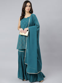 Thumbnail for Janasya Women's Teal Georgette Embossed Gold Print Top With Gharara And Dupatta - Distacart