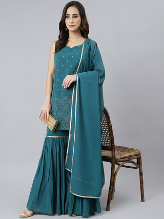 Janasya Women's Teal Georgette Embossed Gold Print Top With Gharara And Dupatta - Distacart