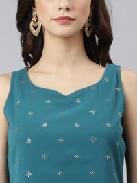 Thumbnail for Janasya Women's Teal Georgette Embossed Gold Print Top With Gharara And Dupatta - Distacart