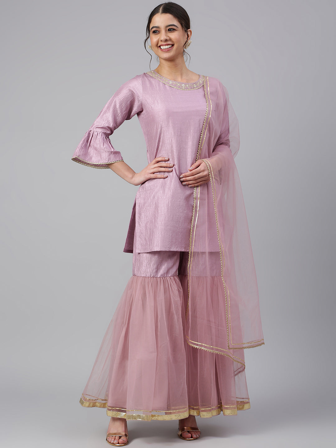 Janasya Women's Mauve Poly Silk Solid Kurta With Gharara And Dupatta - Distacart