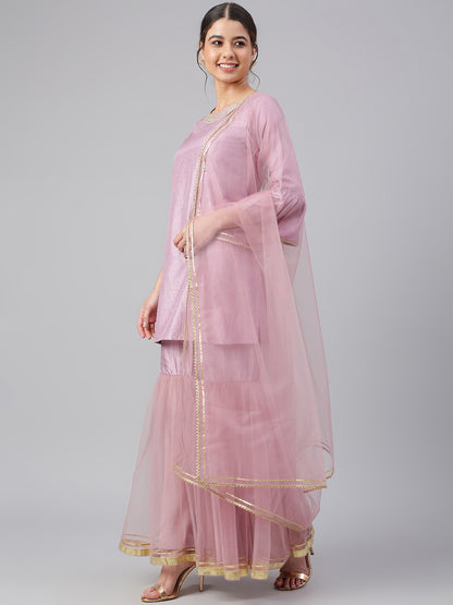 Janasya Women's Mauve Poly Silk Solid Kurta With Gharara And Dupatta - Distacart