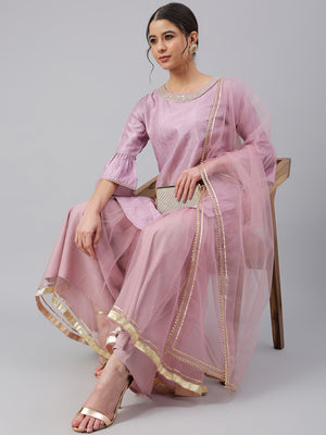 Janasya Women's Mauve Poly Silk Solid Kurta With Gharara And Dupatta - Distacart