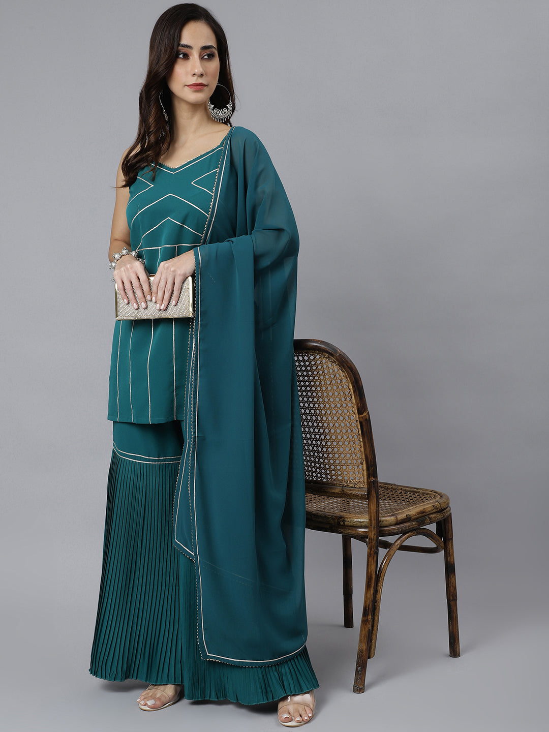 Janasya Women's Teal Green Crepe Gotta Lace Kurta With Sharara And Dupatta - Distacart
