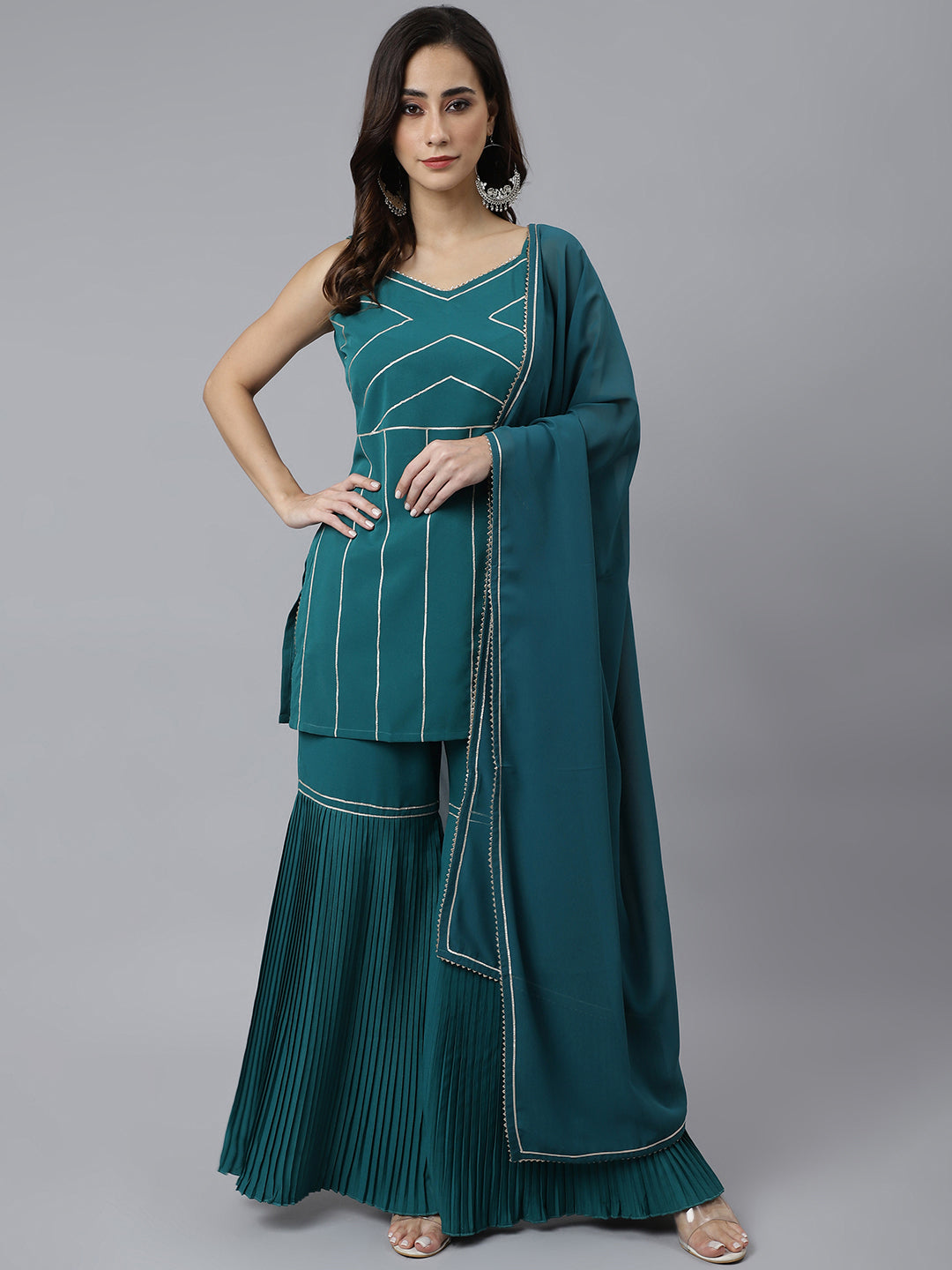 Janasya Women's Teal Green Crepe Gotta Lace Kurta With Sharara And Dupatta - Distacart
