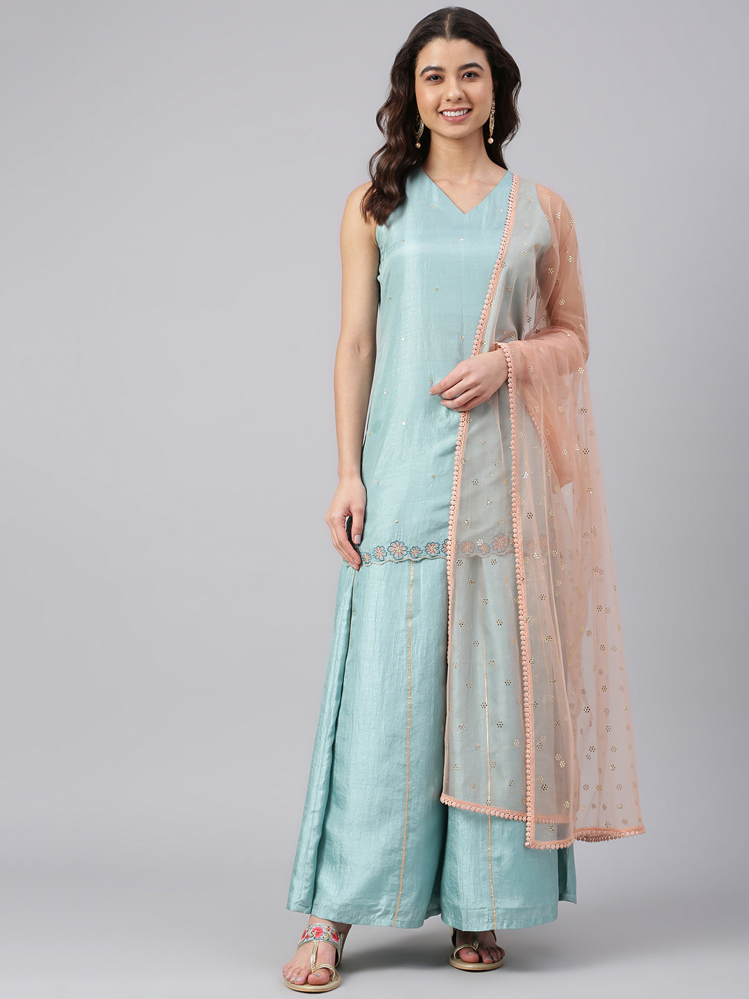 Janasya Women's Sea Green Poly Silk Embroidered Kurta With Sharara And Dupatta - Distacart