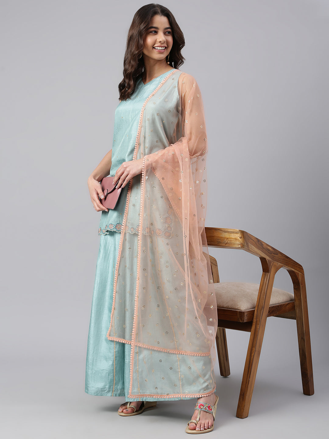 Janasya Women's Sea Green Poly Silk Embroidered Kurta With Sharara And Dupatta - Distacart