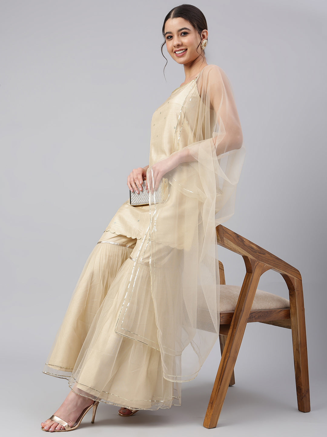 Janasya Women's Beige Poly Silk Embellished Kurta With Gharara And Dupatta - Distacart