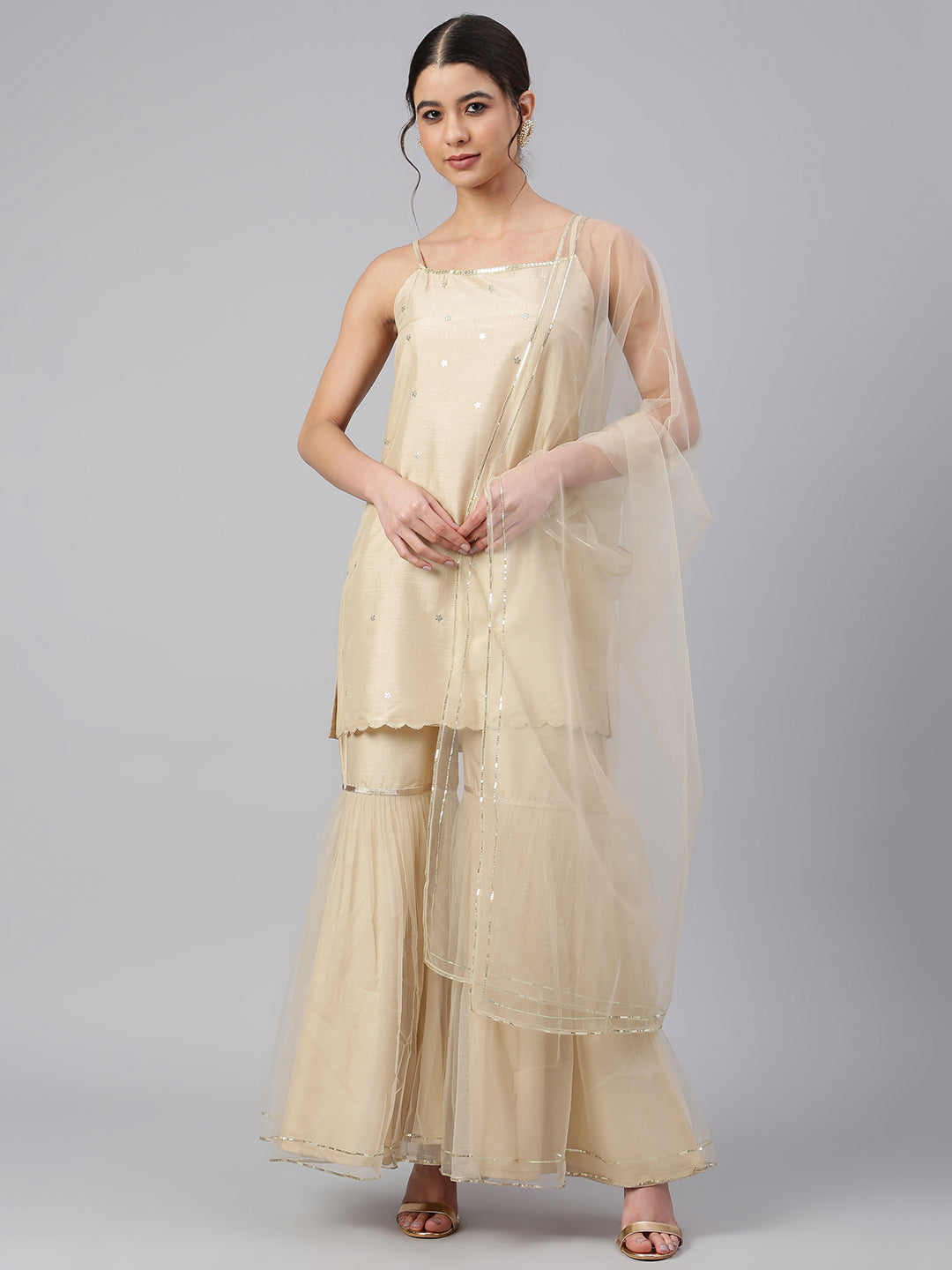 Janasya Women's Beige Poly Silk Embellished Kurta With Gharara And Dupatta - Distacart