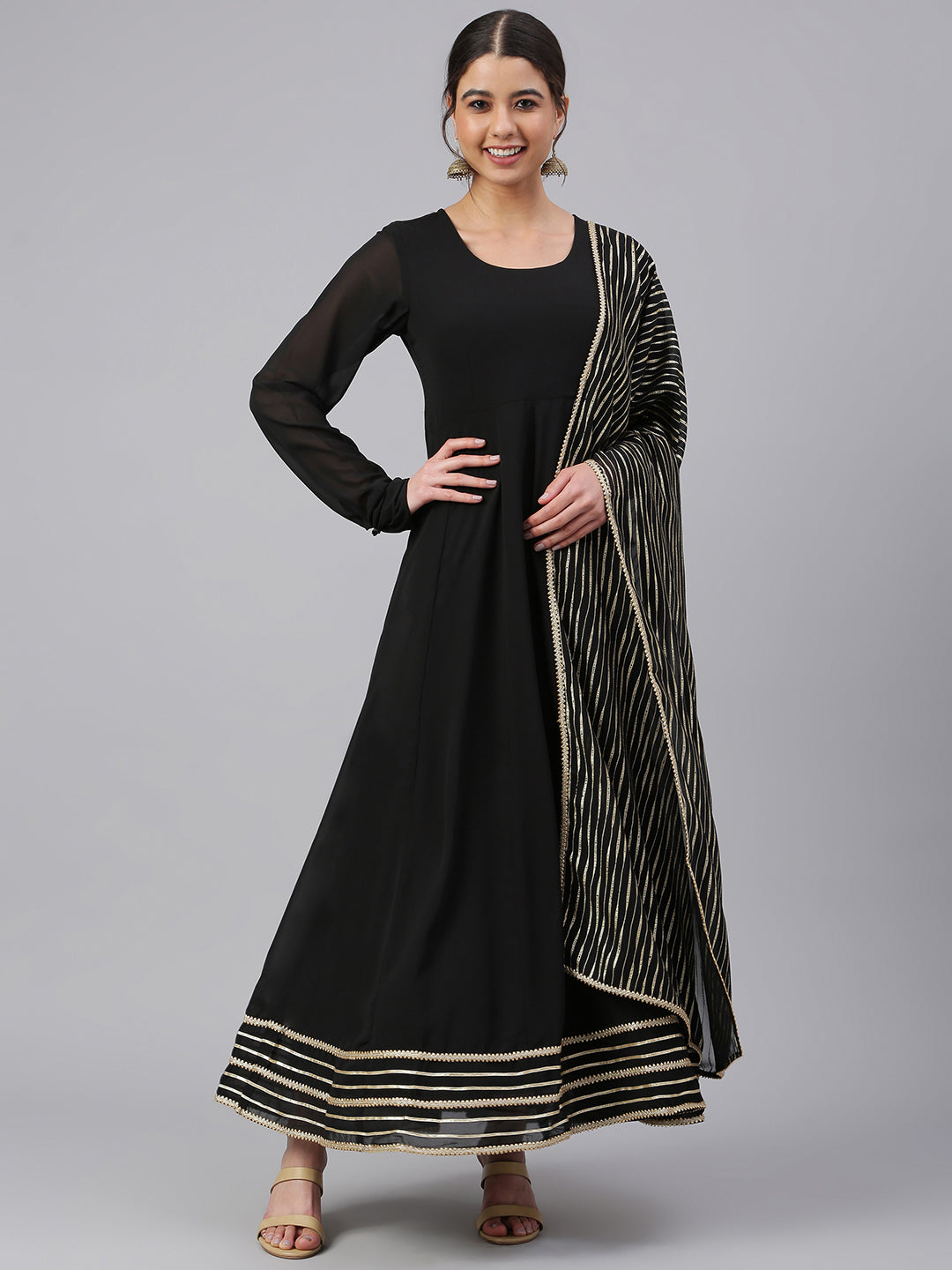Janasya Women's Black Georgette Solid Kurta With Dupatta - Distacart