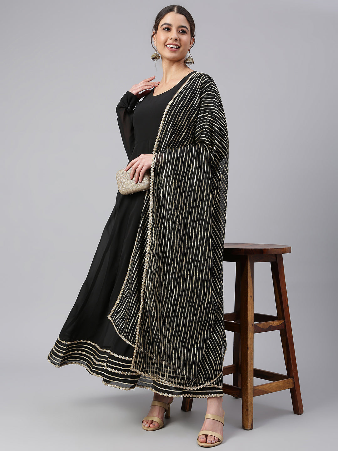 Janasya Women's Black Georgette Solid Kurta With Dupatta - Distacart