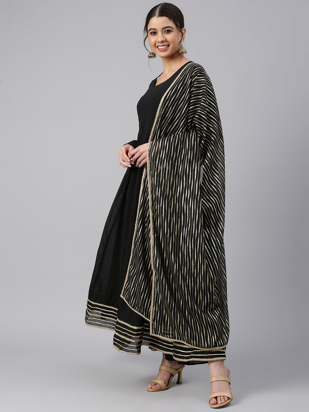 Janasya Women's Black Georgette Solid Kurta With Dupatta - Distacart