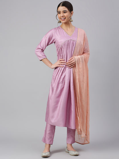 Janasya Women's Mauve Poly Silk Solid Kurta With Pant And Dupatta - Distacart