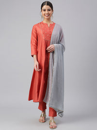 Thumbnail for Janasya Women's Rust Dola Silk Solid Kurta With Pant And Dupatta - Distacart