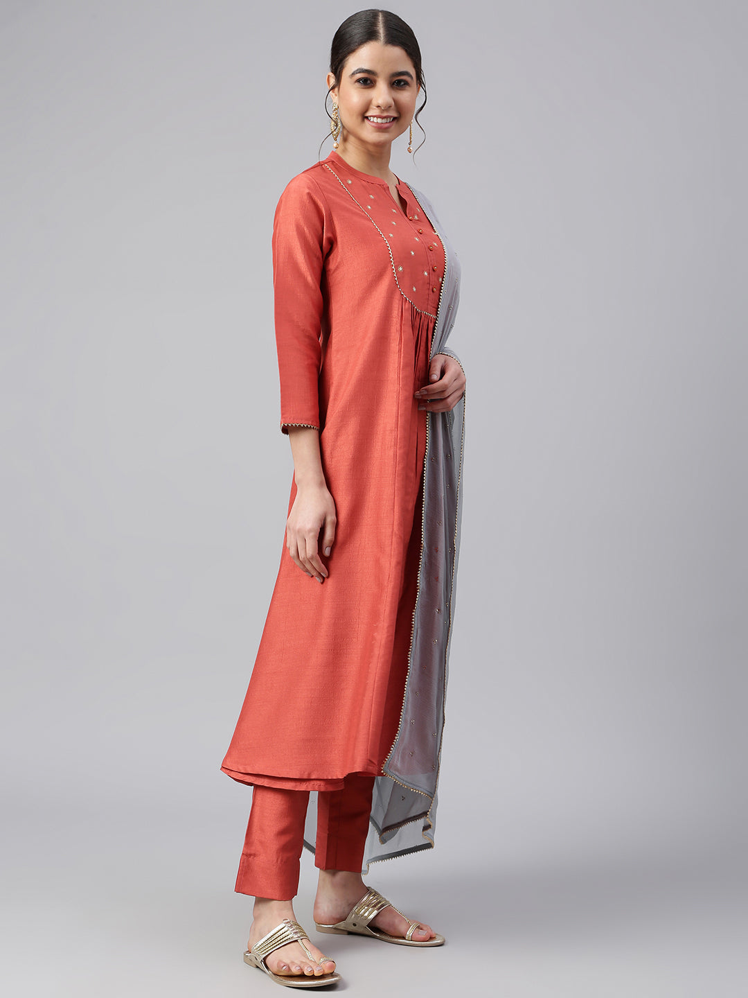 Janasya Women's Rust Dola Silk Solid Kurta With Pant And Dupatta - Distacart