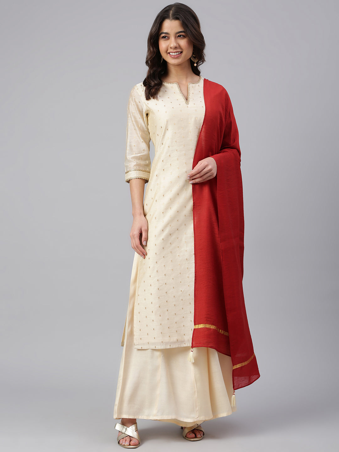 Janasya Women's Beige Chanderi Silk Woven Kurta With Palazzo And Dupatta - Distacart