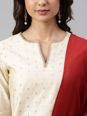 Janasya Women's Beige Chanderi Silk Woven Kurta With Palazzo And Dupatta - Distacart