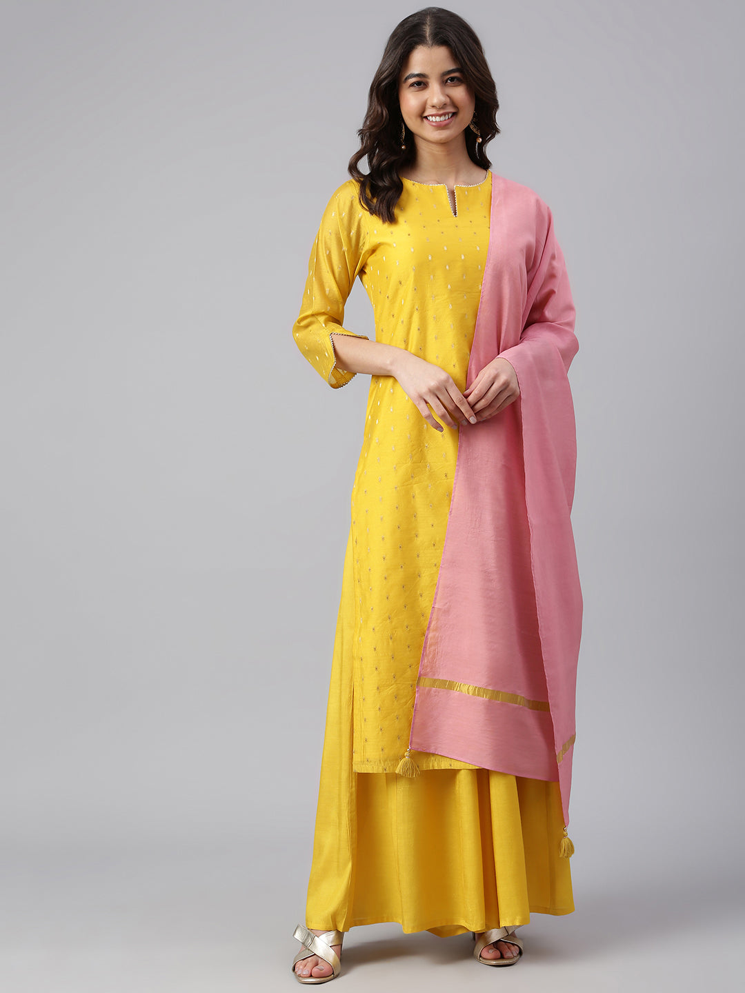 Janasya Women's Yellow Chanderi Silk Woven Kurta With Palazzo And Dupatta - Distacart