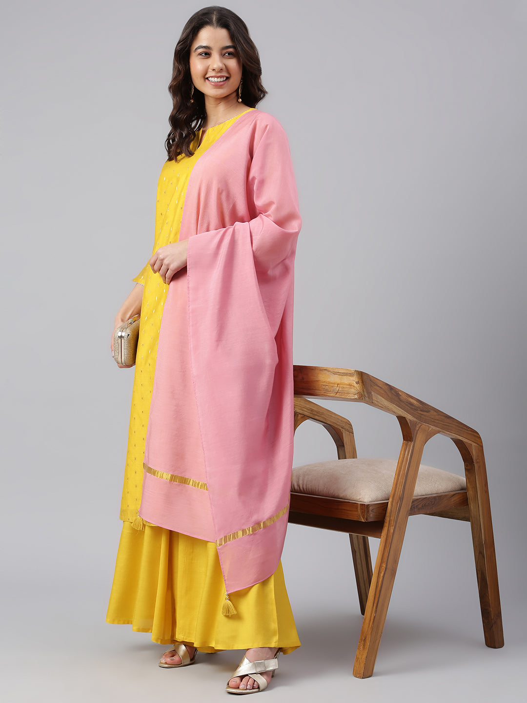 Janasya Women's Yellow Chanderi Silk Woven Kurta With Palazzo And Dupatta - Distacart
