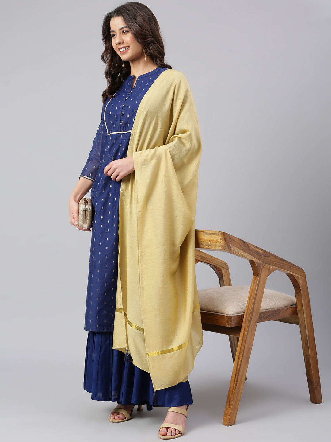 Janasya Women's Dark Blue Chanderi Silk Woven Kurta With Sharara And Dupatta - Distacart
