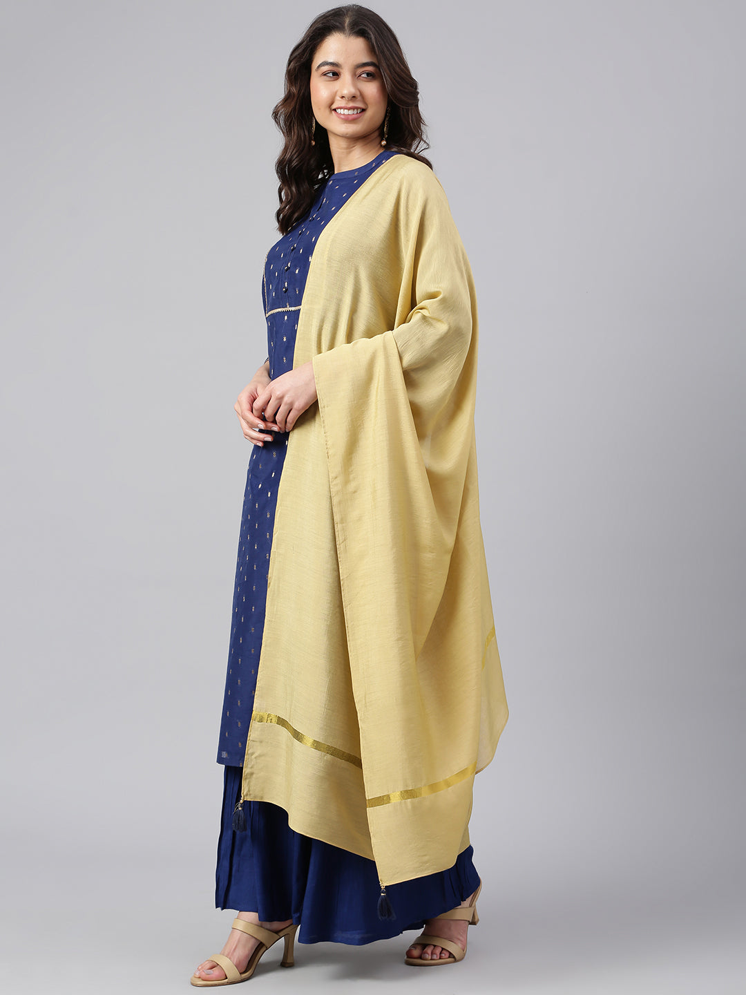 Janasya Women's Dark Blue Chanderi Silk Woven Kurta With Sharara And Dupatta - Distacart