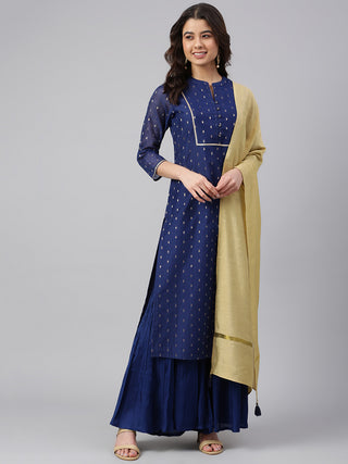 Janasya Women's Dark Blue Chanderi Silk Woven Kurta With Sharara And Dupatta - Distacart
