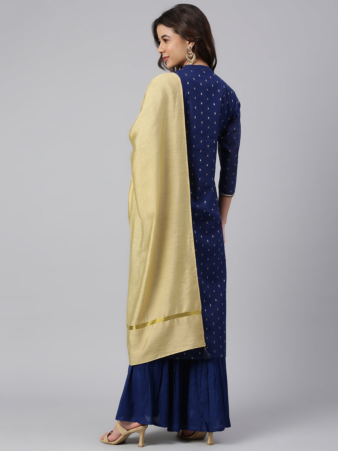 Janasya Women's Dark Blue Chanderi Silk Woven Kurta With Sharara And Dupatta - Distacart