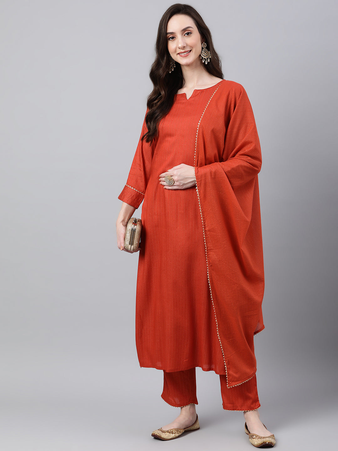 Janasya Women's Orange Rayon Striped Kurta With Pant And Dupatta - Distacart
