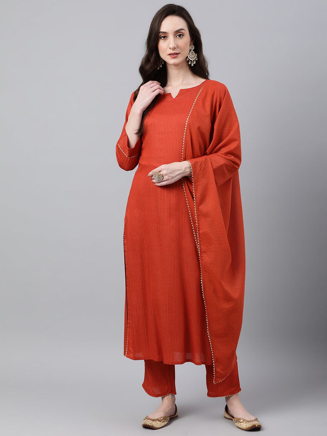 Janasya Women's Orange Rayon Striped Kurta With Pant And Dupatta - Distacart