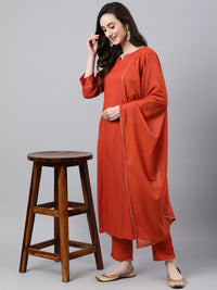Thumbnail for Janasya Women's Orange Rayon Striped Kurta With Pant And Dupatta - Distacart