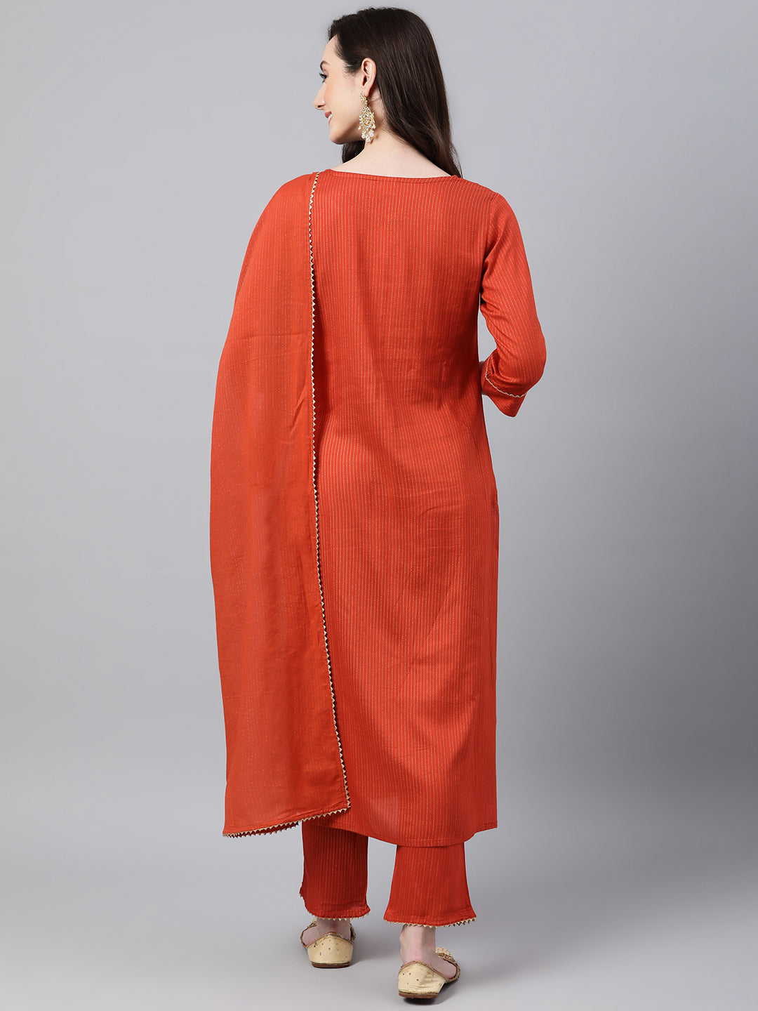 Janasya Women's Orange Rayon Striped Kurta With Pant And Dupatta - Distacart