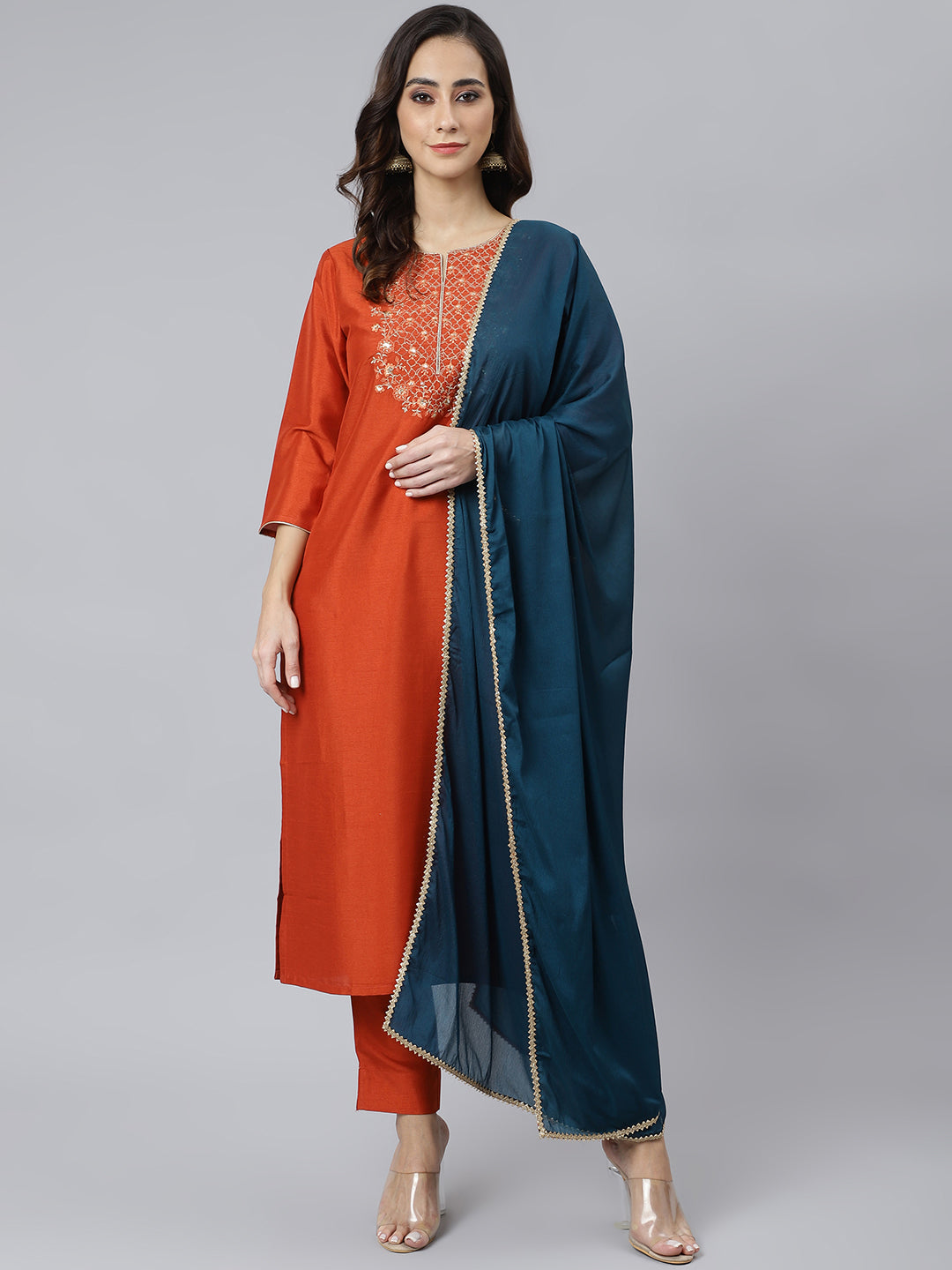 Janasya Women's Rust Orange Poly Silk Solid Kurta With Pant And Dupatta - Distacart