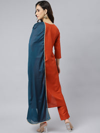 Thumbnail for Janasya Women's Rust Orange Poly Silk Solid Kurta With Pant And Dupatta - Distacart