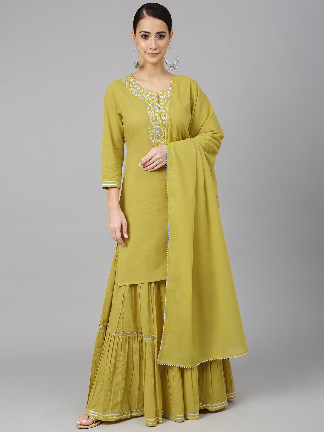 Janasya Women's Yellow Cotton Solid Kurta With Sharara And Dupatta - Distacart