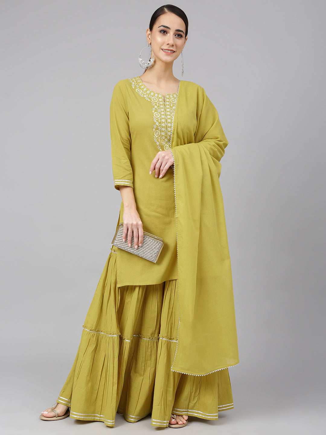 Janasya Women's Yellow Cotton Solid Kurta With Sharara And Dupatta - Distacart