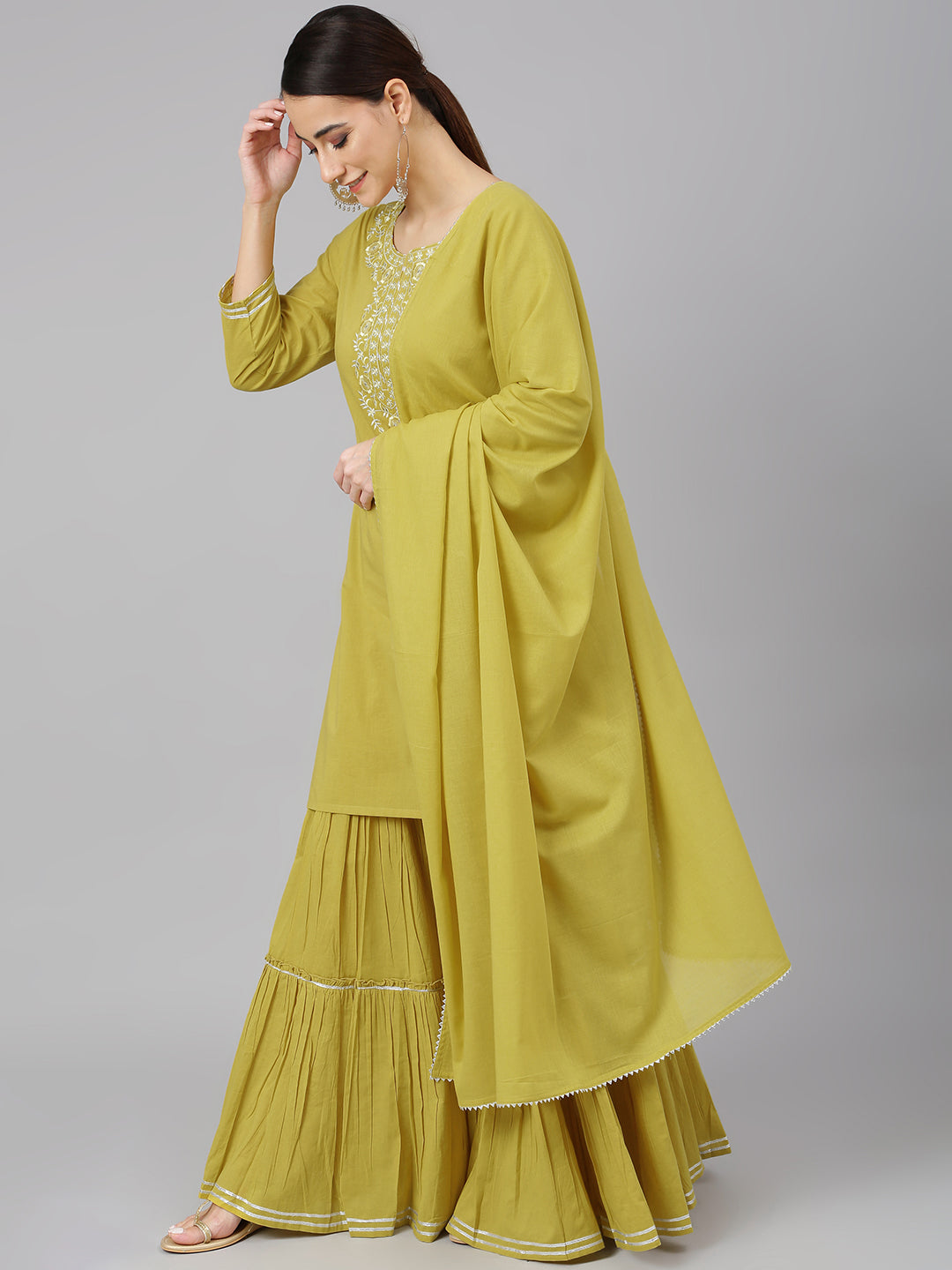 Janasya Women's Yellow Cotton Solid Kurta With Sharara And Dupatta - Distacart
