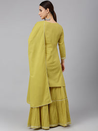 Thumbnail for Janasya Women's Yellow Cotton Solid Kurta With Sharara And Dupatta - Distacart