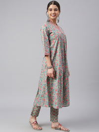 Thumbnail for Janasya Women's Sea Green Cotton Floral Print Kurta With Pant - Distacart