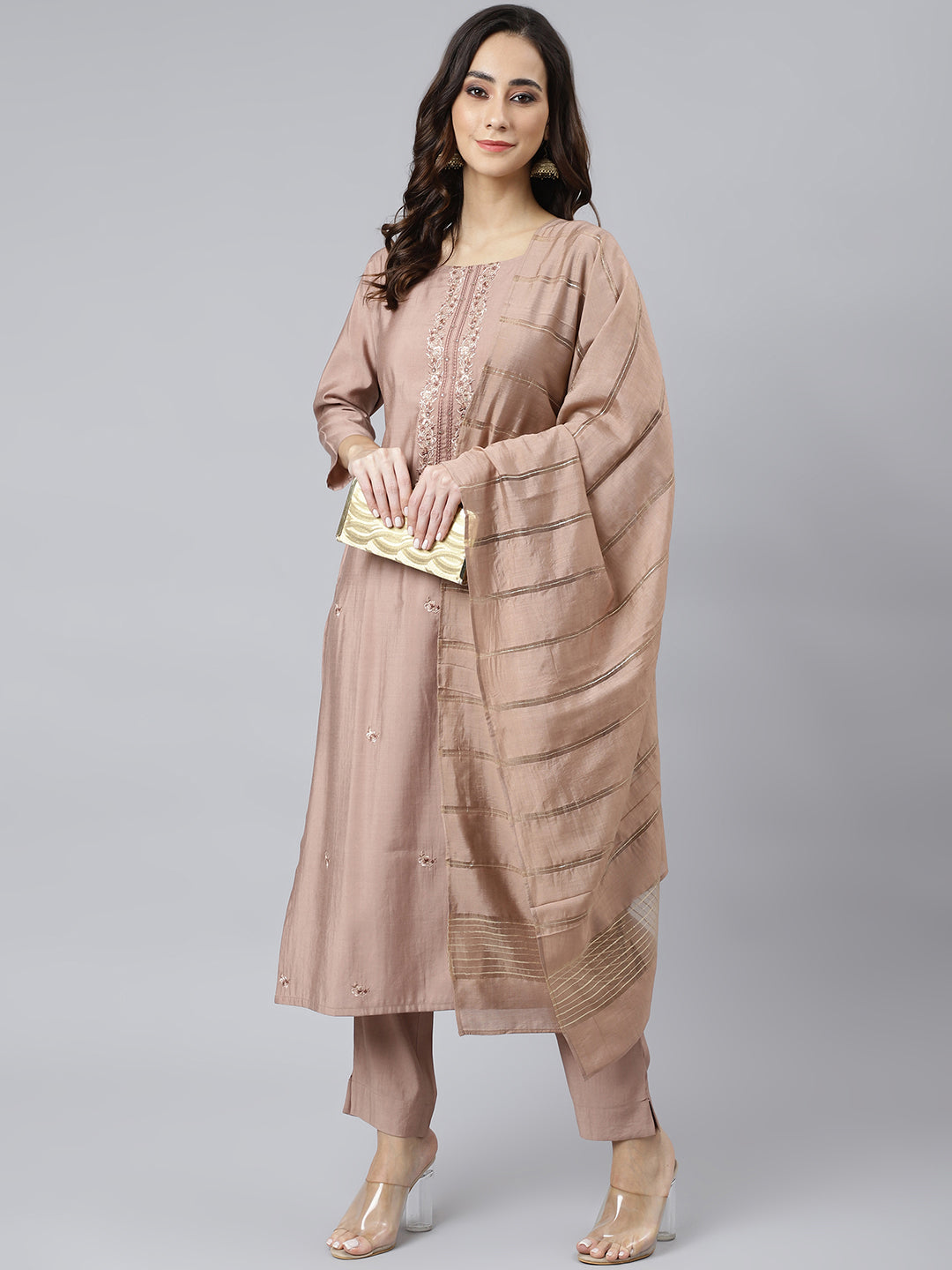 Janasya Women's Dusty Rose Viscose Blend Embroidered Kurta With Pant - Distacart