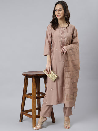 Janasya Women's Dusty Rose Viscose Blend Embroidered Kurta With Pant - Distacart