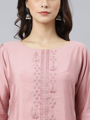 Janasya Women's Light Pink Poly Silk Embroidered Kurta With Pant And Dupatta - Distacart