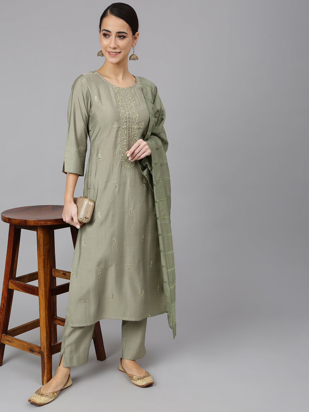 Janasya Women's Sage Green Viscose Blend Embroidered Kurta With Pant And Dupatta - Distacart