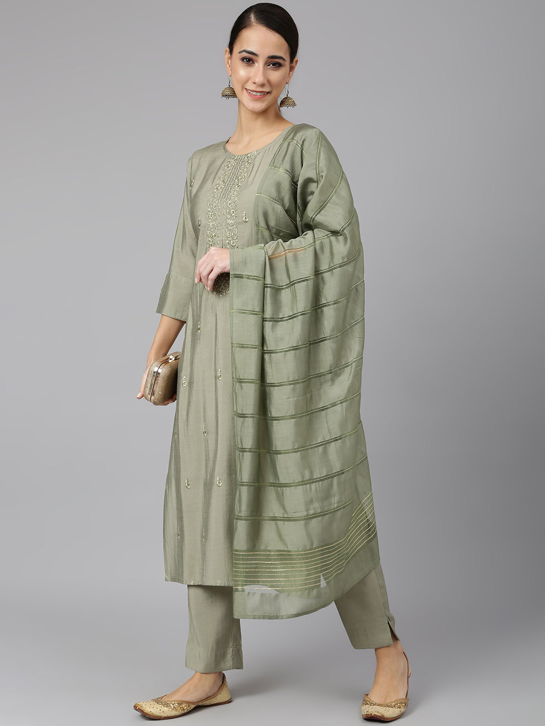 Janasya Women's Sage Green Viscose Blend Embroidered Kurta With Pant And Dupatta - Distacart