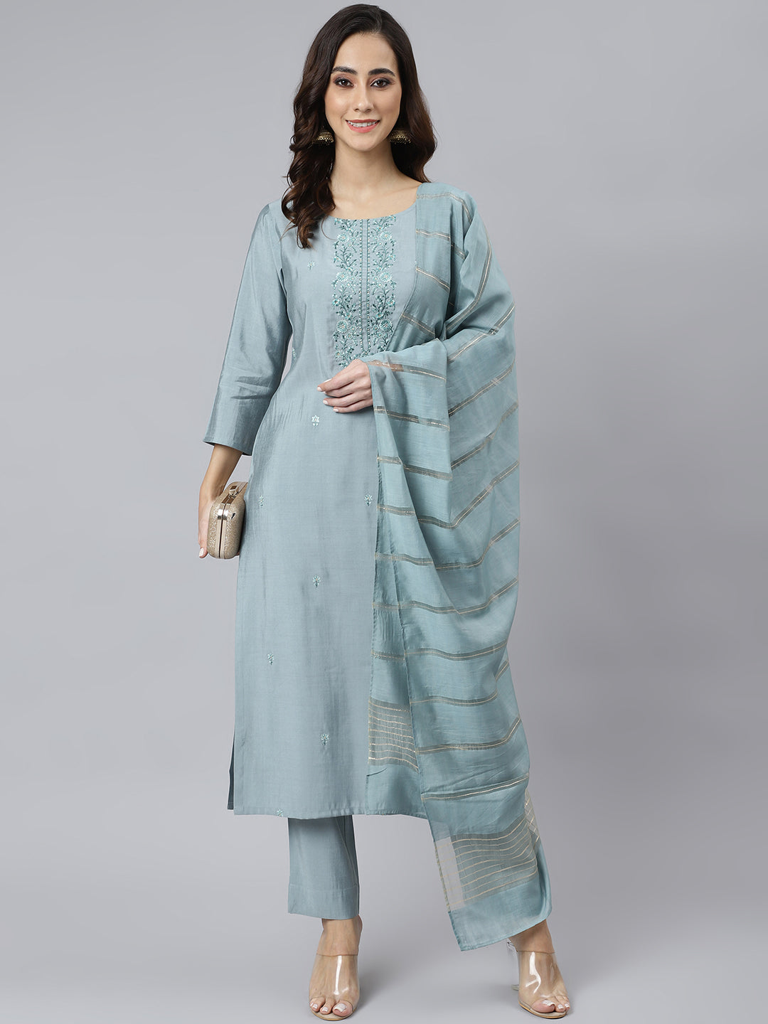 Janasya Women's Dusty Blue Viscose Blend Embroidered Kurta With Pant - Distacart