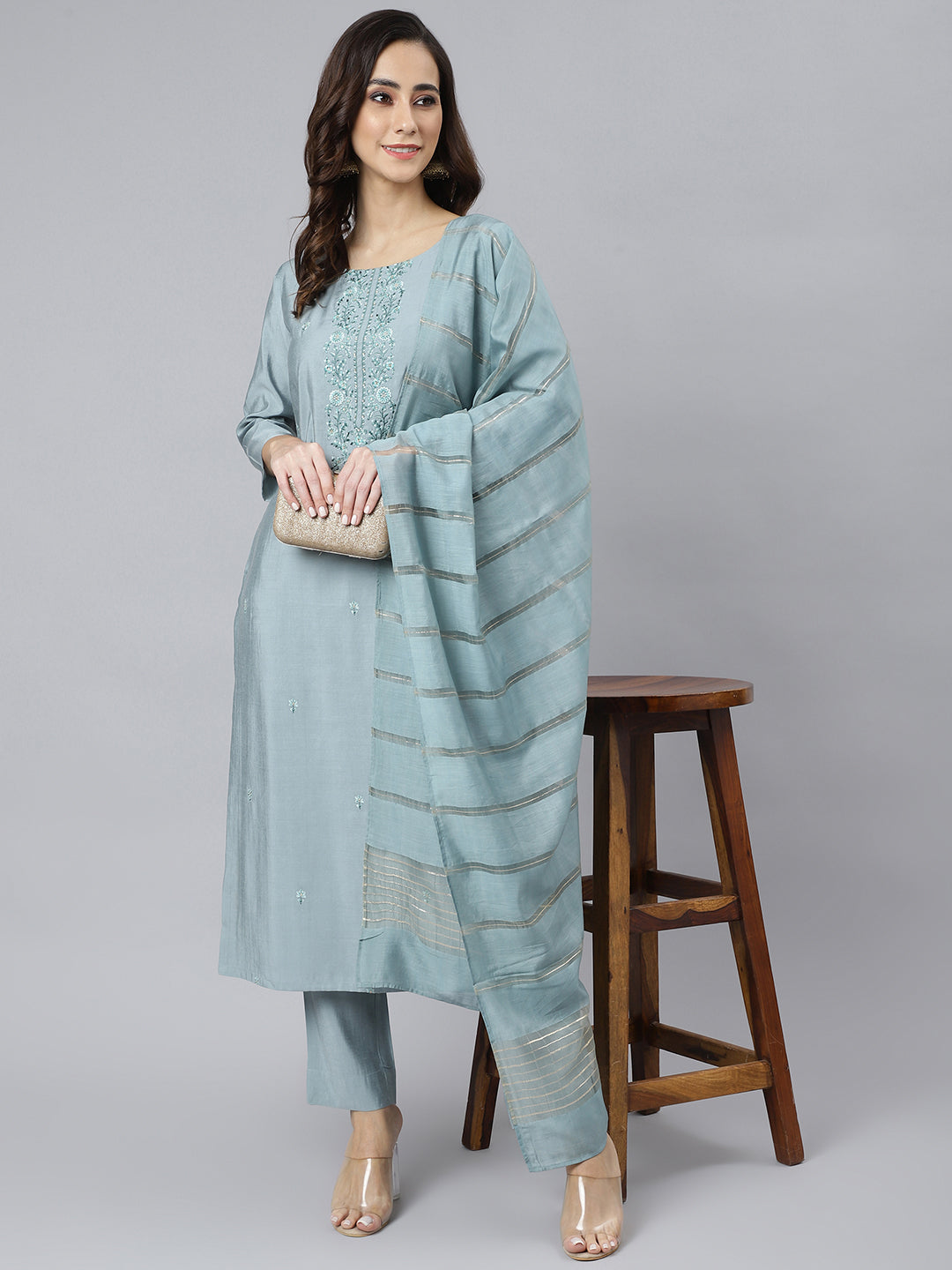 Janasya Women's Dusty Blue Viscose Blend Embroidered Kurta With Pant - Distacart