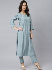 Thumbnail for Janasya Women's Dusty Blue Viscose Blend Embroidered Kurta With Pant - Distacart